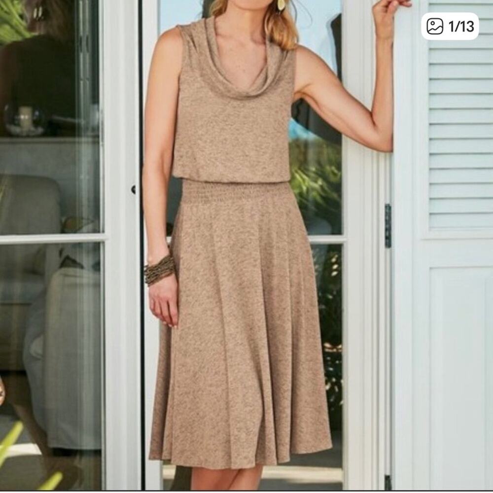 Soft Surroundings Tan Kerry Knit Dress Cowl Neck Sleeveless Size S NWT